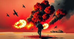 Abstract representation of a military strike, featuring explosions and smoke over a desert landscape, depicting conflict.