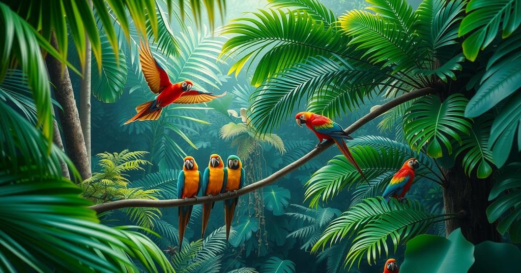 A vibrant tropical rainforest scene showcasing colorful parrots among lush greenery. Nature's beauty preserved.