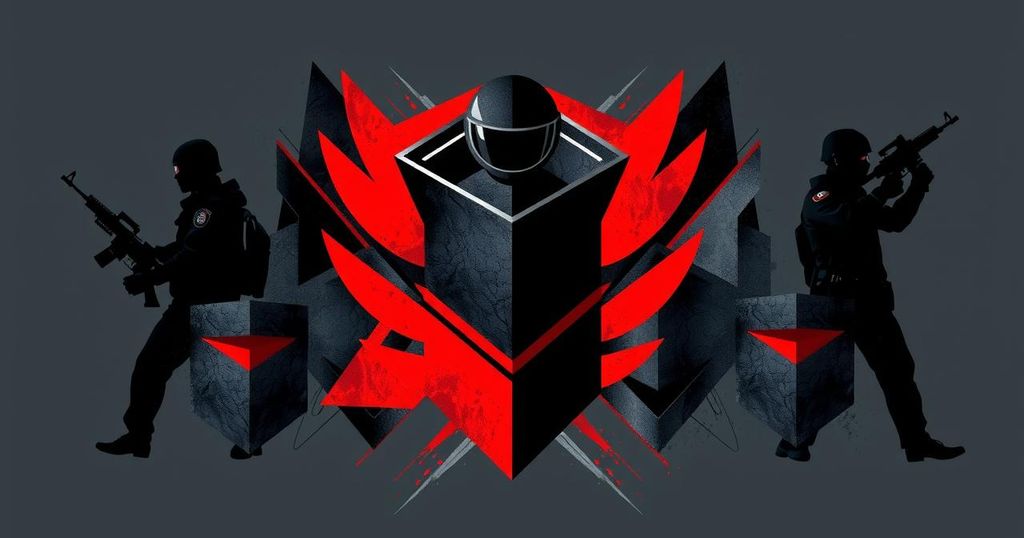 Abstract representation of a law enforcement crackdown with dark tones and sharp lines symbolizing authority and safety.