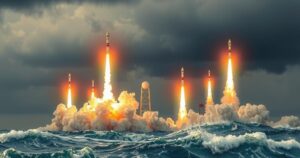 Rocket launches in the Yellow Sea, symbolizing military tensions between North Korea and South Korea, with dark stormy clouds.