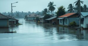 Flooded urban landscape in Kinshasa after heavy rain, showing submerged streets and disrupted homes in muted colors.
