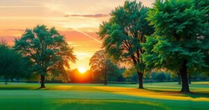 A serene landscape featuring a tranquil park with lush greenery and a sunset in warm colors.