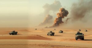 A scene depicting a desert landscape with military vehicles and distant smoke, symbolizing conflict and tension.