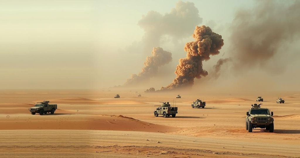 A scene depicting a desert landscape with military vehicles and distant smoke, symbolizing conflict and tension.