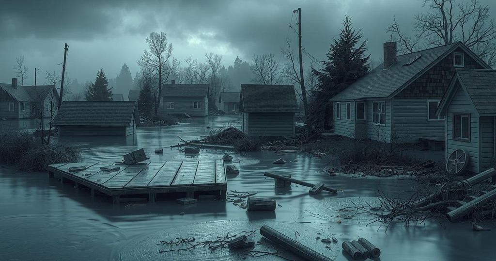 Flooded landscape with debris and submerged infrastructure depicting natural disaster impact in Eastern Cape.