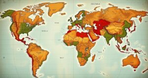 A globe highlighting countries with travel restrictions in muted colors, showcasing a map-style design.