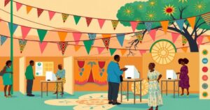 Vibrant illustration of polling stations and celebration scenes in Africa, featuring rich colors and dynamic compositions.