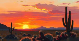 A dramatic sunset over a deserted border landscape, symbolizing the journey of displaced individuals facing uncertainty.