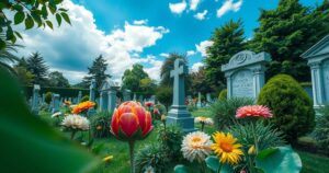 A peaceful cemetery scene with blooming flowers and a clear blue sky representing solemn remembrance and respect.