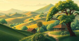 A tranquil Kenyan landscape with vibrant greenery and traditional elements, reflecting the essence of nature and culture.