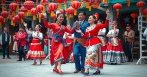 Celebration of cultural exchange between Russia and North Korea, featuring traditional dance and musical aspects.
