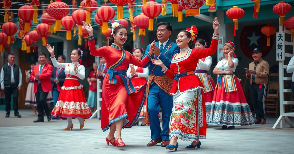 Celebration of cultural exchange between Russia and North Korea, featuring traditional dance and musical aspects.