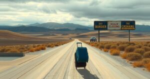 A weary traveler pulling suitcases along a border crossing, emphasizing resilience and hope on a long journey.