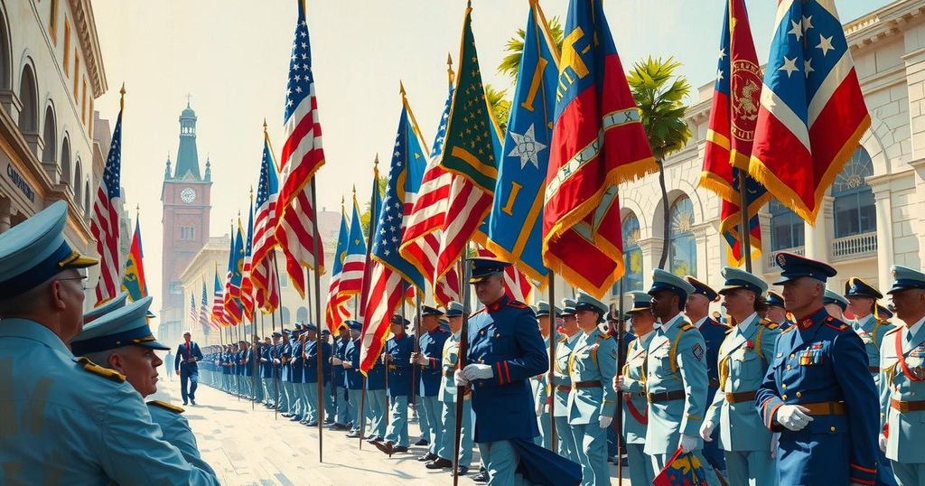 A military parade with flags and soldiers celebrating, showcasing patriotism and remembrance in vibrant colors.