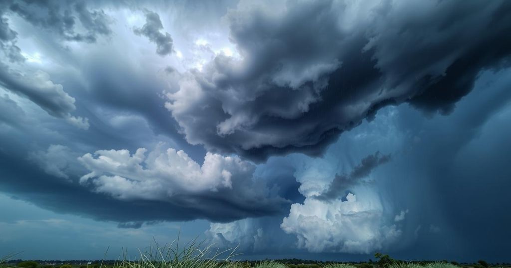 Thunderstorm over a landscape with dark clouds and rain, featuring strong winds and potential hail.