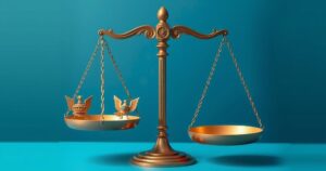 Abstract illustration of justice scales with contrasting light and dark colors representing fairness and imbalance.