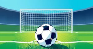 A dynamic soccer pitch scene with a soccer ball, goalpost, and vibrant colors representing team spirit.