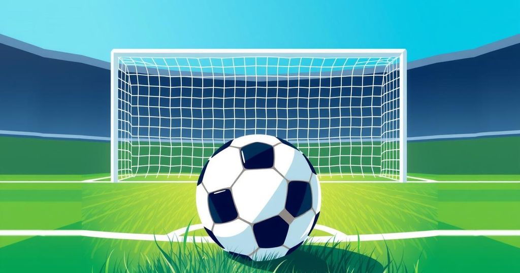 A dynamic soccer pitch scene with a soccer ball, goalpost, and vibrant colors representing team spirit.