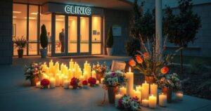 A prayer vigil at a clinic with candles and floral tributes for a political leader recovering from an attack.