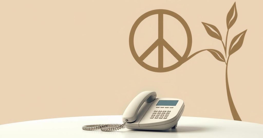 A stylized depiction of a conceptual phone conversation with symbolic elements representing diplomacy and dialogue.