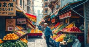 A bustling street market with colorful vendor stalls, fruits, and vegetables amidst a tense atmosphere of authority presence.
