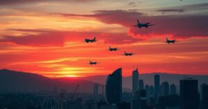 Tehran skyline with increased aerial activity, dusk colors blending sky with silhouettes of aircraft.