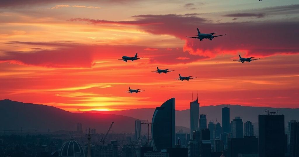 Tehran skyline with increased aerial activity, dusk colors blending sky with silhouettes of aircraft.