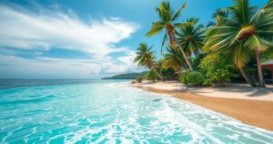 A serene beach in Thailand, with clear waters and palm trees under bright blue skies.