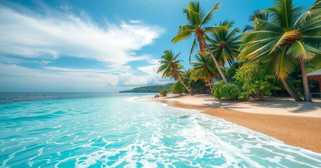 A serene beach in Thailand, with clear waters and palm trees under bright blue skies.