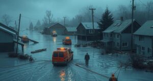 Rescue teams mobilizing in a flooded area with debris and submerged buildings, reflecting urgency and response efforts.