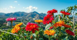 Colorful depiction of a Mexican landscape symbolizing democracy with vibrant flowers, under a blue sky.