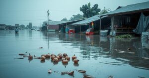 A serene landscape showing a flooded market area with submerged agricultural produce and debris after heavy rainfall in Nigeria.