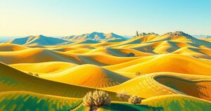 A serene landscape with rolling hills under a clear sky, showcasing warm tones of yellow and orange.