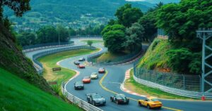 Historic racing circuit in Mexico City featuring a winding road course surrounded by lush greenery and modern grandstands.