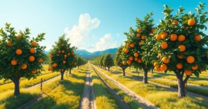 A serene landscape of citrus farms under a clear blue sky, symbolizing hope and resilience in the face of hardship.