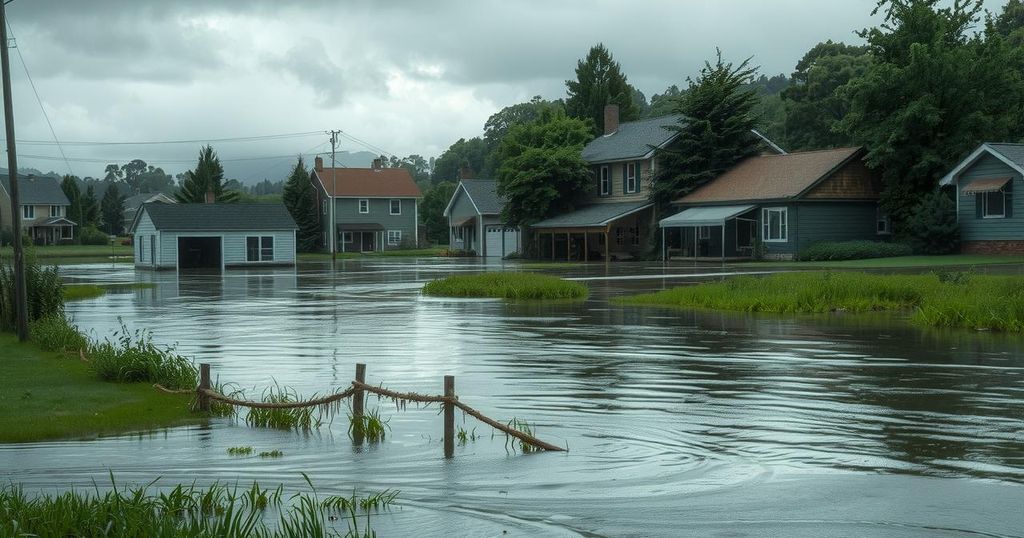 Flooded landscape in Nigeria, showcasing submerged homes and debris amidst greenery after heavy rainfall.