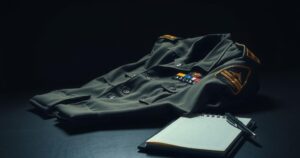 A military uniform laid on a table beside a notepad and a pen, representing a criminal investigation.