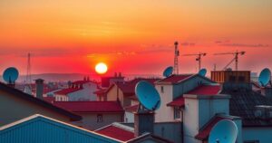 Satellite dish on rooftops against a sunset skyline, symbolizing internet expansion and telecommunications growth.