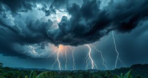 Dark stormy clouds gathering over Dominican Republic, lightning illuminating skies with rain falling across the landscape.