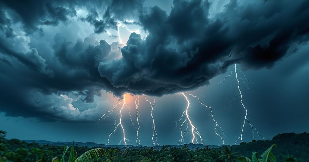 Dark stormy clouds gathering over Dominican Republic, lightning illuminating skies with rain falling across the landscape.