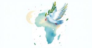 Dove carrying olive branch over continents symbolizing peace agreement between nations.