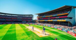 Cricket match scene with players, stadium filled with cheering fans, lush green field, and clear blue sky.