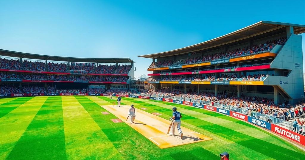 Cricket match scene with players, stadium filled with cheering fans, lush green field, and clear blue sky.