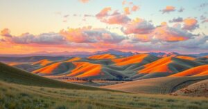 Landscape of Montana under partly cloudy skies with a vibrant sunset, hinting at warm temperatures ahead.