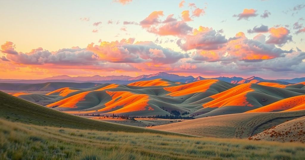 Landscape of Montana under partly cloudy skies with a vibrant sunset, hinting at warm temperatures ahead.