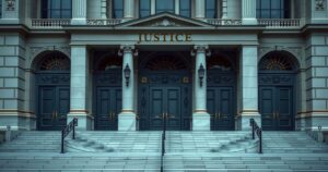 A dramatic courthouse exterior representing trials and justice, with shadows and muted colors.