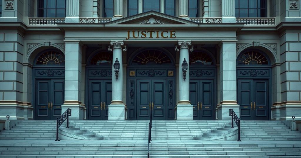 A dramatic courthouse exterior representing trials and justice, with shadows and muted colors.