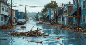 Flooded streets and debris in Puerto Escondido after a powerful storm, showcasing nature's aftermath in vibrant colors.