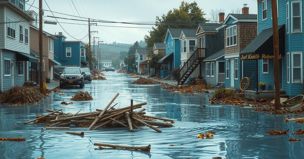 Flooded streets and debris in Puerto Escondido after a powerful storm, showcasing nature's aftermath in vibrant colors.