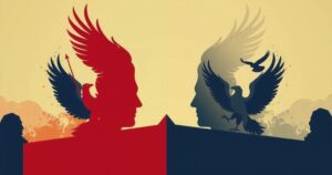 A political scene depicting divided opinions on military action, featuring neutral tones and a contrasting color palette.